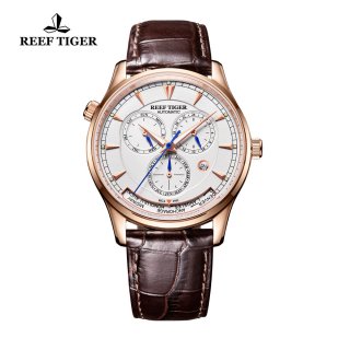 Reef Tiger Geographer White Dial World Time with Day Date Month Rose Gold Watch RGA1951-PWB