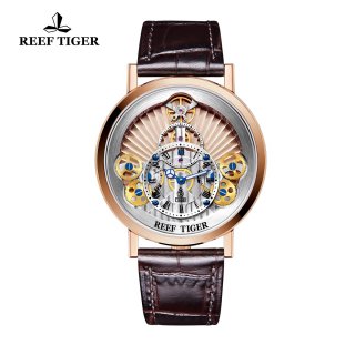 Reef Tiger Artist Rotation Men's Luxury Rose Gold Casual Watches Brown Leather Strap Quartz Watch RGA1958-PPS