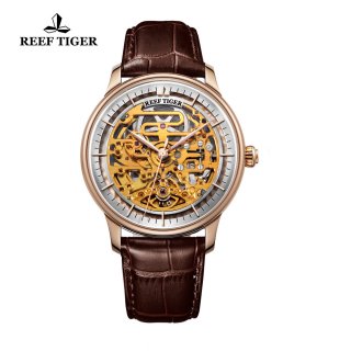Reef Tiger Musician Casual Watches Automatic Watch Rose Gold Case Leather Strap RGA1975-PWB