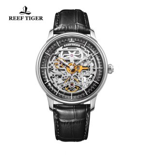 Reef Tiger Musician Casual Watches Automatic Watch Steel Case Leather Strap RGA1975-YBB