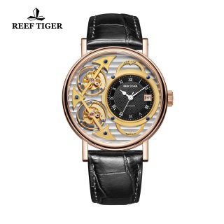 Reef Tiger Artist Magician Men's Luxury Rose Gold Casual Watches Leather Strap Automatic Watch RGA1995-PSBB