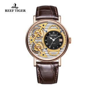 Reef Tiger Artist Magician Luxury Men's Rose Gold Watches Leather Strap Automatic Watch With Date RGA1995-PSSB