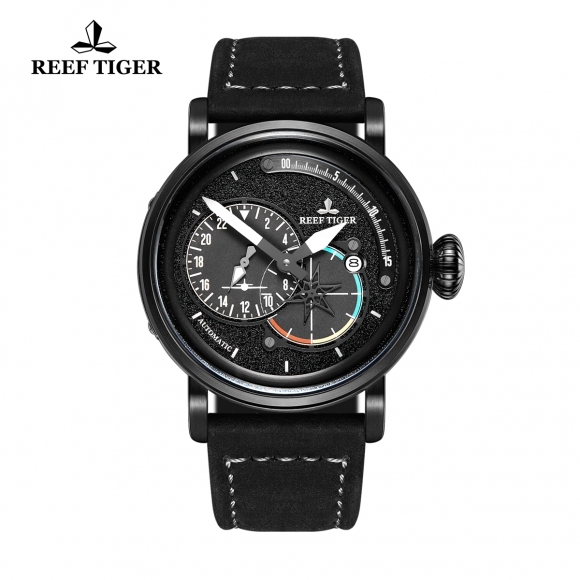 Reef Tiger Pilot Fashion Mens Watches PVD Case Black Dial Leather Strap Watches RGA3019-BBB