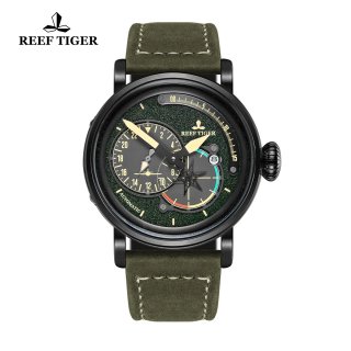 Reef Tiger Pilot Fashion Mens Watches PVD Case Green Dial Leather Strap Watches RGA3019-BNN