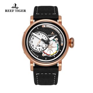 Reef Tiger Pilot Mens Watches Rose Gold Case Black Dial Leather Strap Watches RGA3019-PBB
