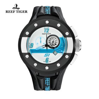 Reef Tiger Rally S1 Casual Watch Stainless Steel Rubber Strap White Dashboard Dial Quartz Watch RGA3027-BWBL