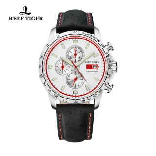 Reef Tiger Racing Casual Watch Stainless Steel White Dial Leather Strap Chronograph Watch RGA3029-YWB