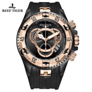 Reef Tiger Aurora Hercules II Fashion Rose Gold Rubber Strap Black Dial Quartz Watch RGA303-2-BBBP