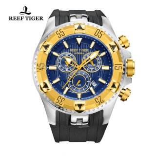 Reef Tiger Hercules Sport Watches Chronograph Steel Case Yellow Gold Bezel Blue Dial Watch RGA303-GLB