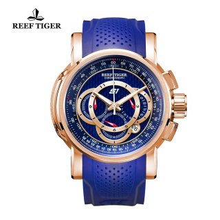 Reef Tiger Top Speed Sport Watches Chronograph Rose Gold Case Blue Dial Rubber Strap Watches RGA3063-PLL