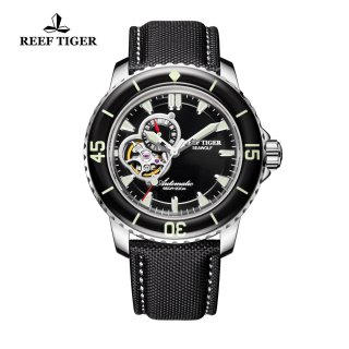 Reef Tiger Sea Wolf Dress Automatic Watch Steel Black Dial Black Nylon/Leather Strap RGA3039-YBB