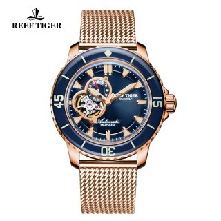 Reef Tiger Sea Wolf Dress Automatic Watch Rose Gold Blue Dial Black RGA3039-PLP