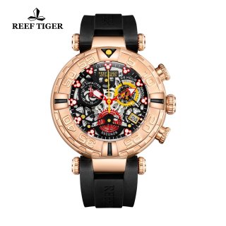 Reef Tiger Aurora Air Bubbles Fashion Rose Gold Skeleton Dial Rubber Strap Quartz Watch RGA3059-S-PBBR