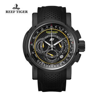 Reef Tiger Top Speed Sport Watches Chronograph PVD Case Black Dial Rubber Strap Watches RGA3063-BGB