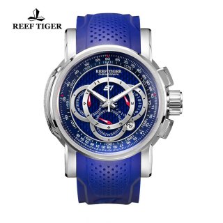 Reef Tiger Top Speed Sport Watches Chronograph Steel Case Blue Dial Rubber Strap Watches RGA3063-YLL