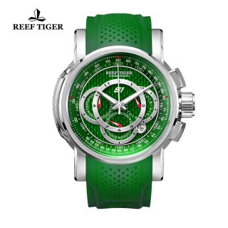 Reef Tiger Top Speed Sport Watches Chronograph Steel Case Green Dial Rubber Strap Watches RGA3063-YNN