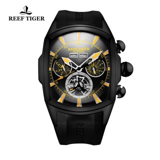 Reef Tiger Automatic Sport Watches PVD Case Black Dial Rubber Strap Watches RGA3069-BBBG