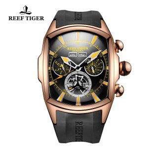 Reef Tiger Automatic Sport Watches Rose Gold Case Black Dial Rubber Strap Watches RGA3069-PBBG