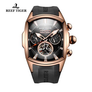 Reef Tiger Automatic Sport Watches Rose Gold Case Black Dial Rubber Strap Watches RGA3069-PBB