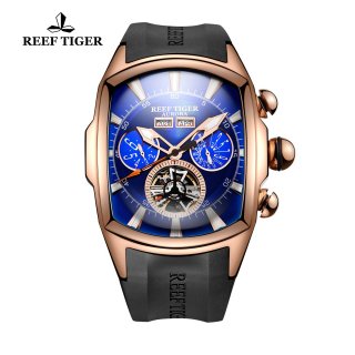 Reef Tiger Automatic Sport Watches Rose Gold Case Blue Dial Rubber Strap Watches RGA3069-PLB