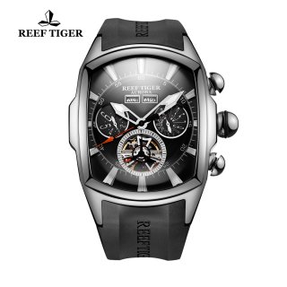 Reef Tiger Automatic Sport Watches Stainless Steel Case Black Dial Rubber Strap Watches RGA3069-YBB