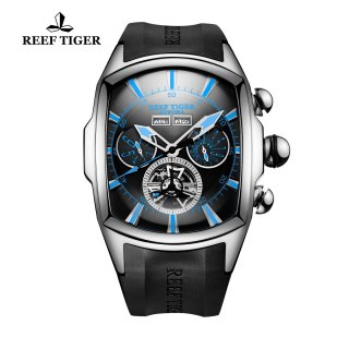 Reef Tiger Automatic Sport Watches Stainless Steel Case Black Dial Rubber Strap Watches RGA3069-YBBL