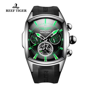 Reef Tiger Automatic Sport Watches Stainless Steel Case Black Dial Rubber Strap Watches RGA3069-YBBN