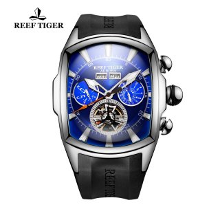 Reef Tiger Automatic Sport Watches Stainless Steel Case Blue Dial Rubber Strap Watches RGA3069-YLB
