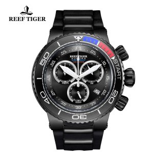 Reef Tiger Aurora Grand Ocean Fashion PVD Watch Rubber Strap Black Dial Chronograph Quartz Watch RGA3168-BBB