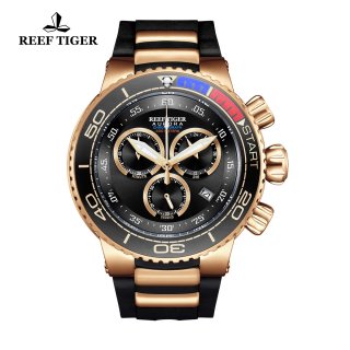 Reef Tiger Aurora Grand Ocean Fashion Rose Gold Watch Rubber Strap Black Dial Chronograph Quartz Watch RGA3168-PBB