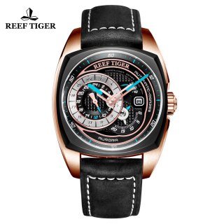 Reef Tiger Aurora Pioneer Fashion PVD/Rose Gold Black Dial Leather Strap Automatic Watch RGA3319-PBBL