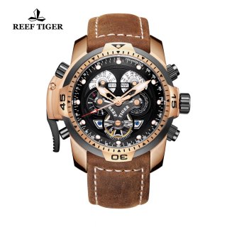 Reef Tiger Concept Sport Watches Automatic Watch Rose Gold Case Brown Leather RGA3503-PBSB