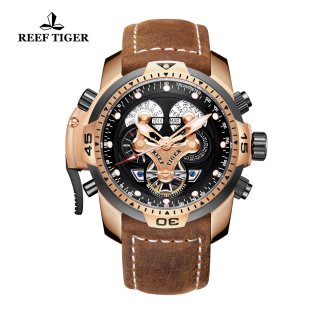 Reef Tiger Concept Sport Watches Automatic Watch Rose Gold Case Brown Leather RGA3503-PBSG