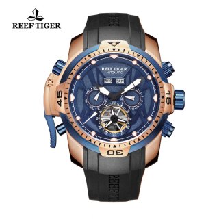 Reef Tiger Transformer Sport Watches Complicated Watch Rose Gold Case Blue Dial RGA3532-PLBW