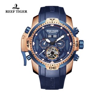 Reef Tiger Transformer Sport Watches Complicated Watch Rose Gold Case Blue Rubber RGA3532-PLBWS