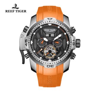 Reef Tiger Transformer Sport Watches Complicated Watch Steel Case Orange Rubber RGA3532-YBBR
