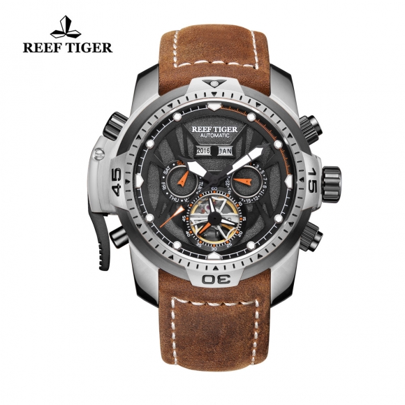 Reef Tiger Transformer Sport Watches Complicated Watch Steel Case Brown Leather RGA3532-YBRO