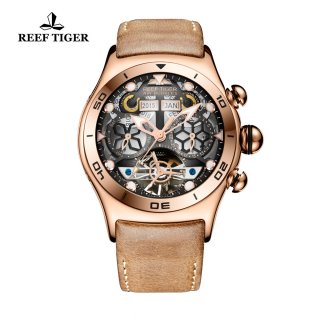 Reef Tiger Air Bubble Sport Casual Watches Automatic Watch Rose Gold Case Leather Strap RGA703-PBB
