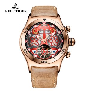 Reef Tiger Sport Casual Watches Automatic Watch Rose Gold Case Leather Strap RGA703-PRB