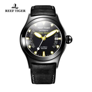 Reef Tiger Ocean Speed Sport Watches Automatic PVD Case Black Leather Black Dial Watch RGA704-BBBG