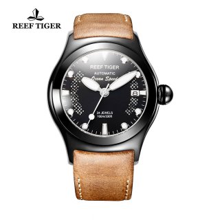 Reef Tiger Ocean Speed Sport Watches Automatic PVD Case Brown Leather Black Dial Watch RGA704-BBBW