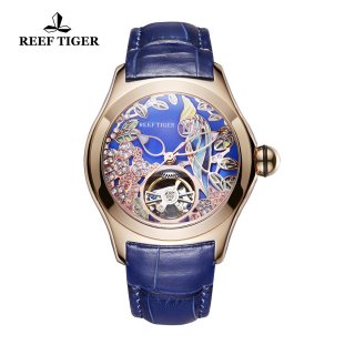 Reef Tiger Aurora Parrot Casual Watches Automatic Watch Rose Gold Case Leather Strap RGA7105-PLL