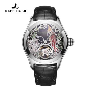 Reef Tiger Aurora Parrot Casual Watches Automatic Watch Steel Case Leather Strap RGA7105-YBB
