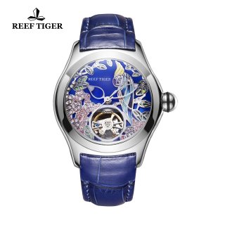 Reef Tiger Aurora Parrot Casual Watches Automatic Watch Steel Case Leather Strap RGA7105-YLL