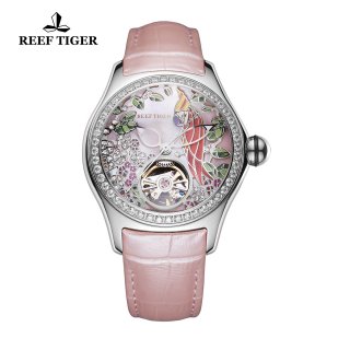 Reef Tiger Aurora Parrot Casual Diamonds Bezel Watch Rose Gold Case Leather Strap RGA7105-YPPD