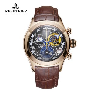 Reef Tiger Air Bubble Casual Watches Quartz Watch Rose Gold Case Leather Strap RGA7181