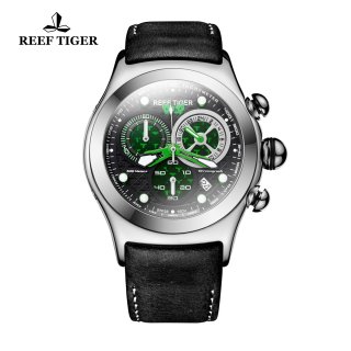 Reef Tiger Aurora Dragon Fashion Men's Casual Steel Watches Quartz Black Leather Strap Watch RGA782-YNB