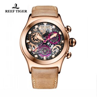 Reef Tiger Sport Casual Watches Chronograph Watch Rose Gold Case Skeleton Dial RGA792-PBBR