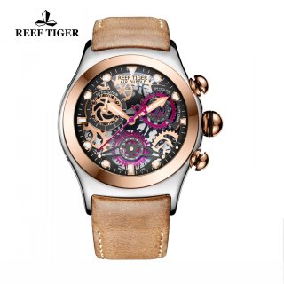 Reef Tiger Big Bang Sport Casual Watches Chronograph Watch Two Tone Case Skeleton Dial RGA792-TBBRG