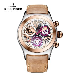 Reef Tiger Big Bang Sport Casual Watches Chronograph Watch Rose Gold Case Leather Strap RGA792-TWBS